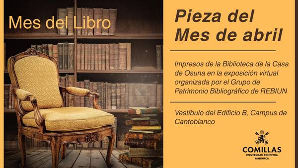 Una silla elegante en un ambiente de biblioteca, acompañada de un mensaje sobre la exposición del Mes del Libro.