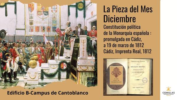 La imagen presenta un evento histórico relacionado con la promulgación de la Constitución española de 1812 en Cádiz.