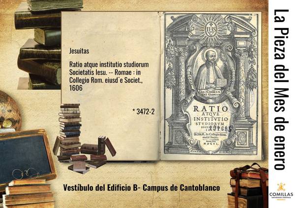 La imagen muestra una antigua obra impresa de 1606 sobre la enseñanza jesuita, rodeada de libros en un entorno académico.