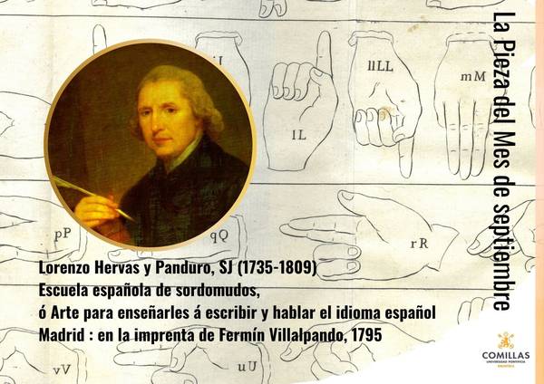 La imagen presenta un retrato de Lorenzo Hervás y Panduro, acompañado de información sobre su obra relacionada con la enseñanza del idioma español a sordomudos.