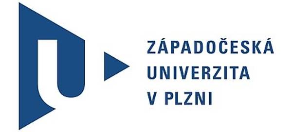 Logotipo de la Universidad de Bohemia Occidental en Pilsen, mostrando un diseño gráfico con formas geométricas azules y texto en checo.