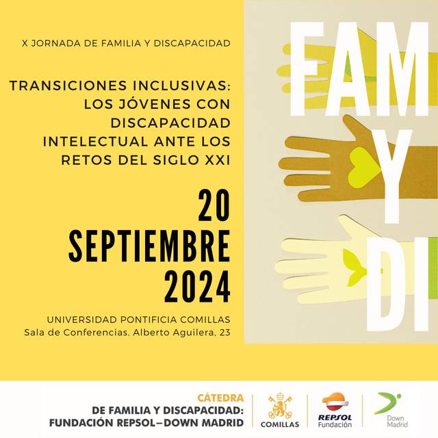 Promotional poster for a conference on intellectual disability challenges for young people in the 21st century, scheduled for September 20, 2024, at Pontifical University Comillas, Madrid.