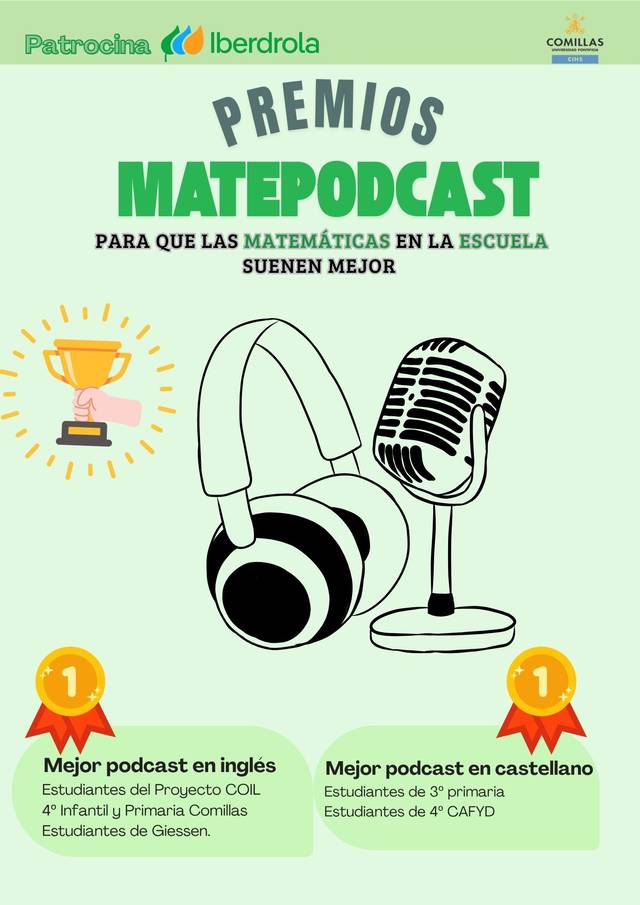 La imagen presenta un diseño promocional de los premios Matepodcast para estudiantes en un entorno escolar.