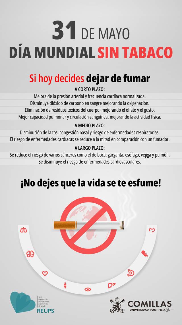 Infografía sobre los beneficios de dejar de fumar promoviendo el Día Mundial Sin Tabaco.