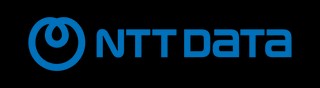 Logotipo de NTT Data en color azul sobre un fondo negro.