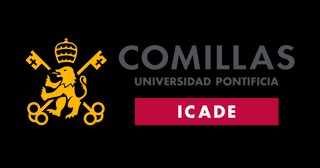 Logotipo de la Universidad Pontificia Comillas ICADE, mostrando un león dorado con una corona y una cruz, sobre un fondo negro con texto en blanco y rojo.
