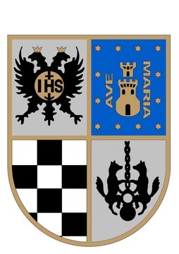 Escudo heráldico con cuatro secciones que representan distintos símbolos.